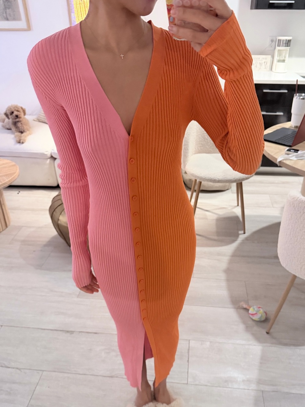 STAUD Pink and Orange Ribbed Button-Front Midi Dress